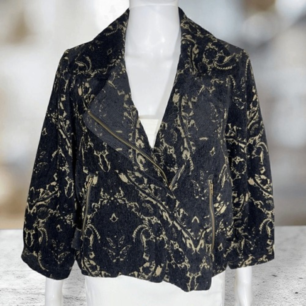 Vintage Free People 3/4 Sleeve Zip Front Brocade Gold & Black Jacket